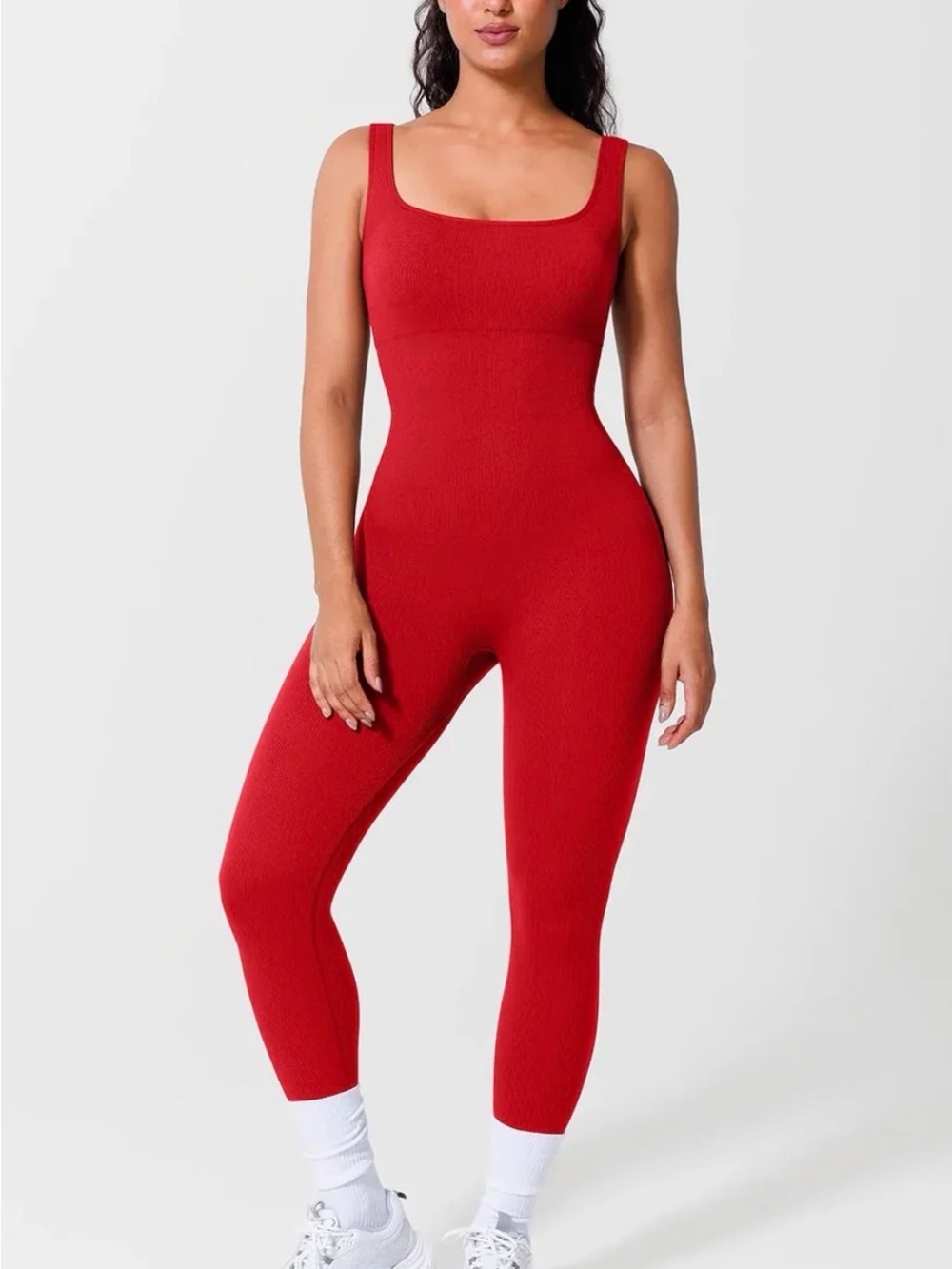 Forever 21 Red Ribbed Square-Neck Jumpsuit Medium Exercise